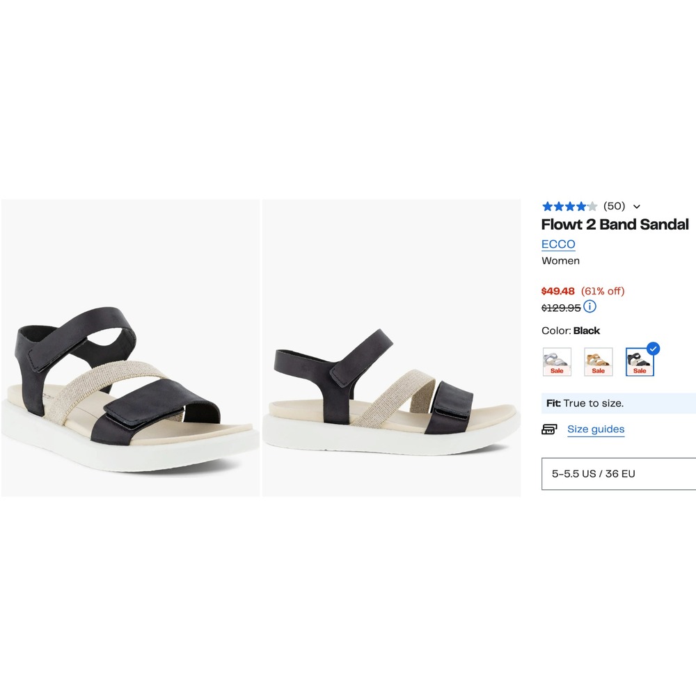 Ecco Women's sz 5-5.5 US 36 EU Flowt Band Sandal Black 2-Strap New $129 - Picture 2 of 14